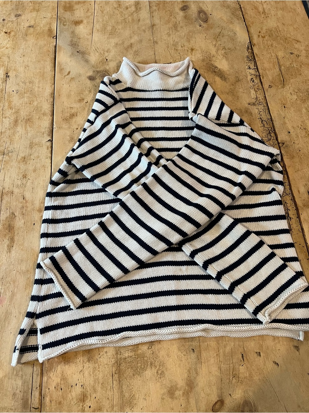 Binghamton Knitting Co. navy and white stripe cotton roll beck sweater, L